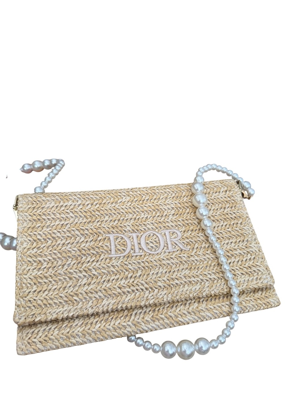 Dior Natural Raffia Clutch with Pearl Strap
